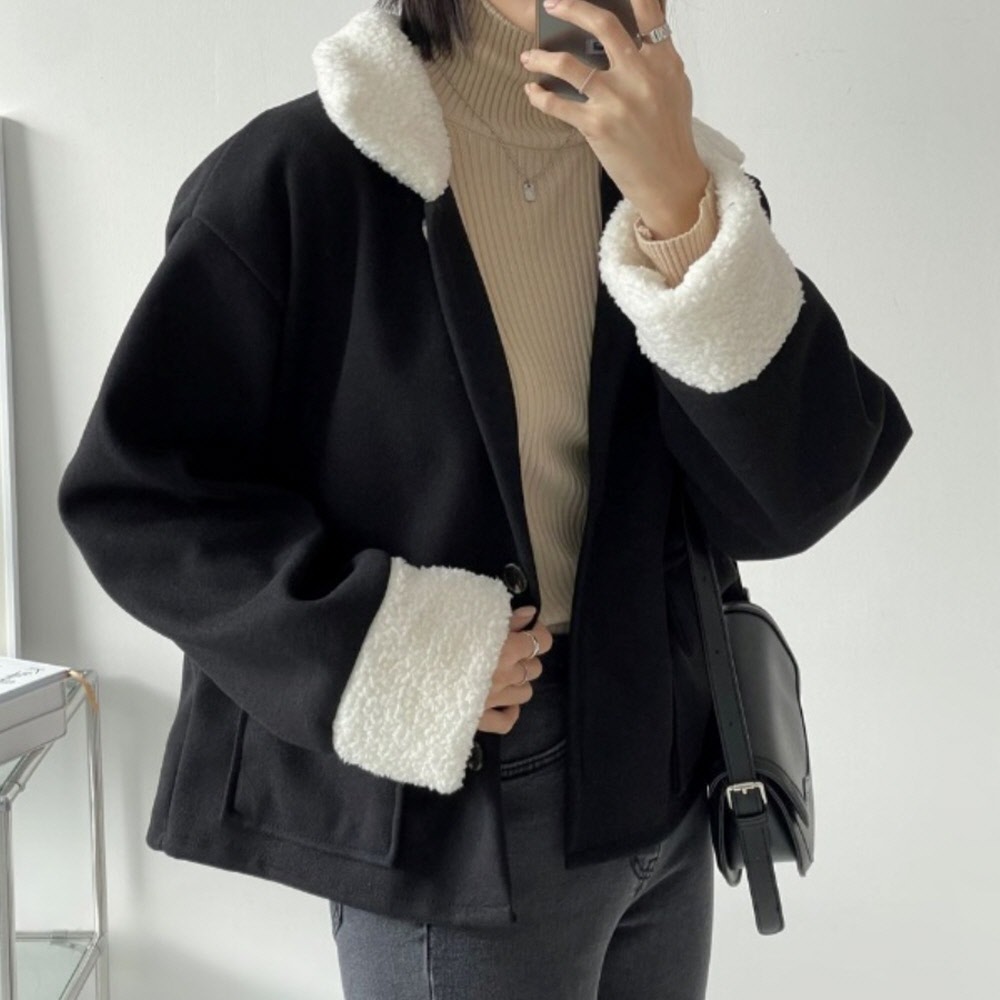 여자 몽구스 양털 덤블 배색 자켓 코트