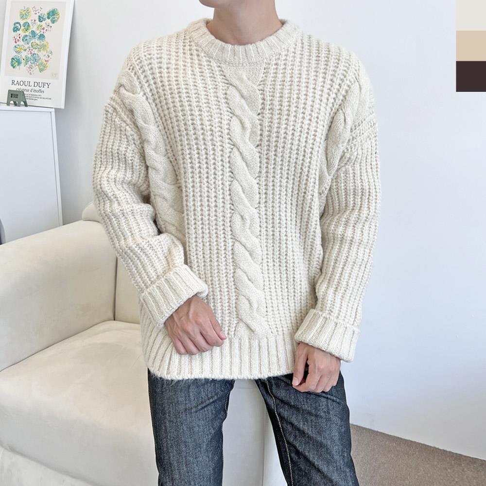 남자 오버핏 심플 꽈배기 스웨터 티셔츠