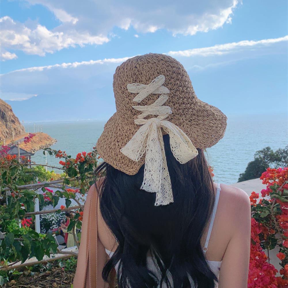 여자 여름 휴양지룩 핸드메이드 밀짚 모자