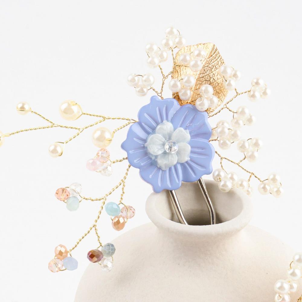 여자 블루 핑크 꽃 U자형 꽂이 머리핀