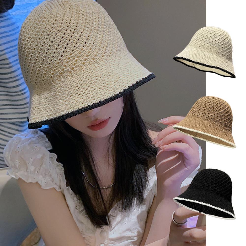 여자 여름 배색 라인 심플 벙거지 모자