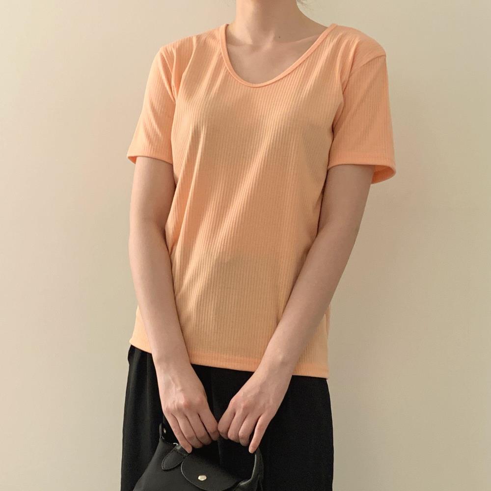 여자 여름 골지티 브이넥 반팔 티셔츠